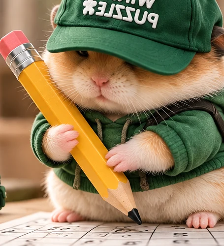 Winky, the cheeky hamster mascot, wearing a green WINK PUZZLE cap and backpack and holding an oversized pencil